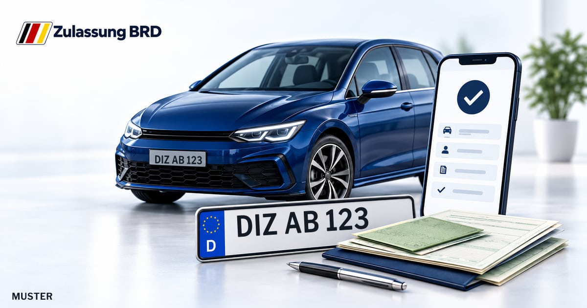 Online Fahrzeugzulassung in Diez: Musterkennzeichen DIZ AB 123, Auto und Fahrzeugpapiere und Smartphone. Illustration mit Logo von Zulassung BRD.